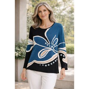 Chico’s Size 2 US L Blue Black Abstract Geometric LW Knit Pullover Sweater #O